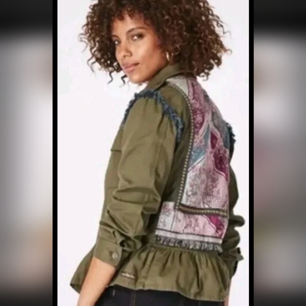 Matilda Jane Green Moments w/ You Letterman Military Army Jacket Patchwork XL